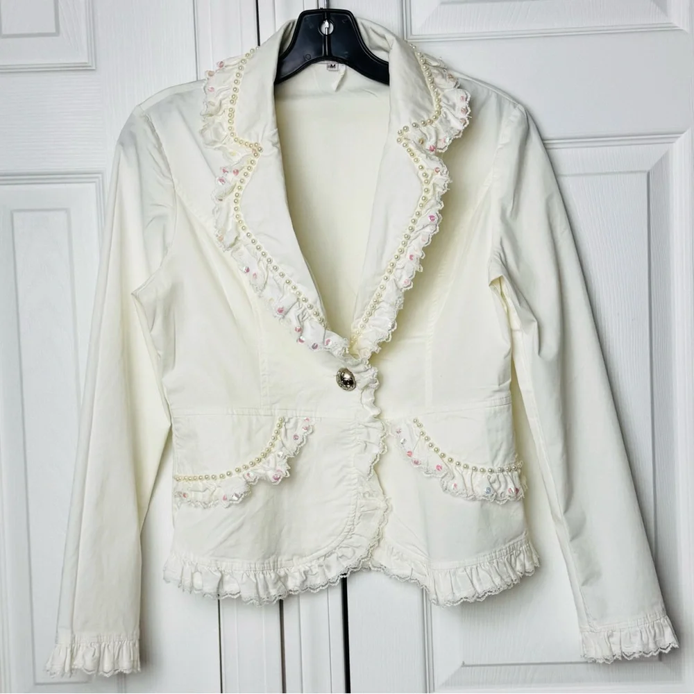 Kelly USA Vintage Ivory Pearl Trim Ruffle Blazer Cottagecore Jacket Size Medium - Picture 13 of 13